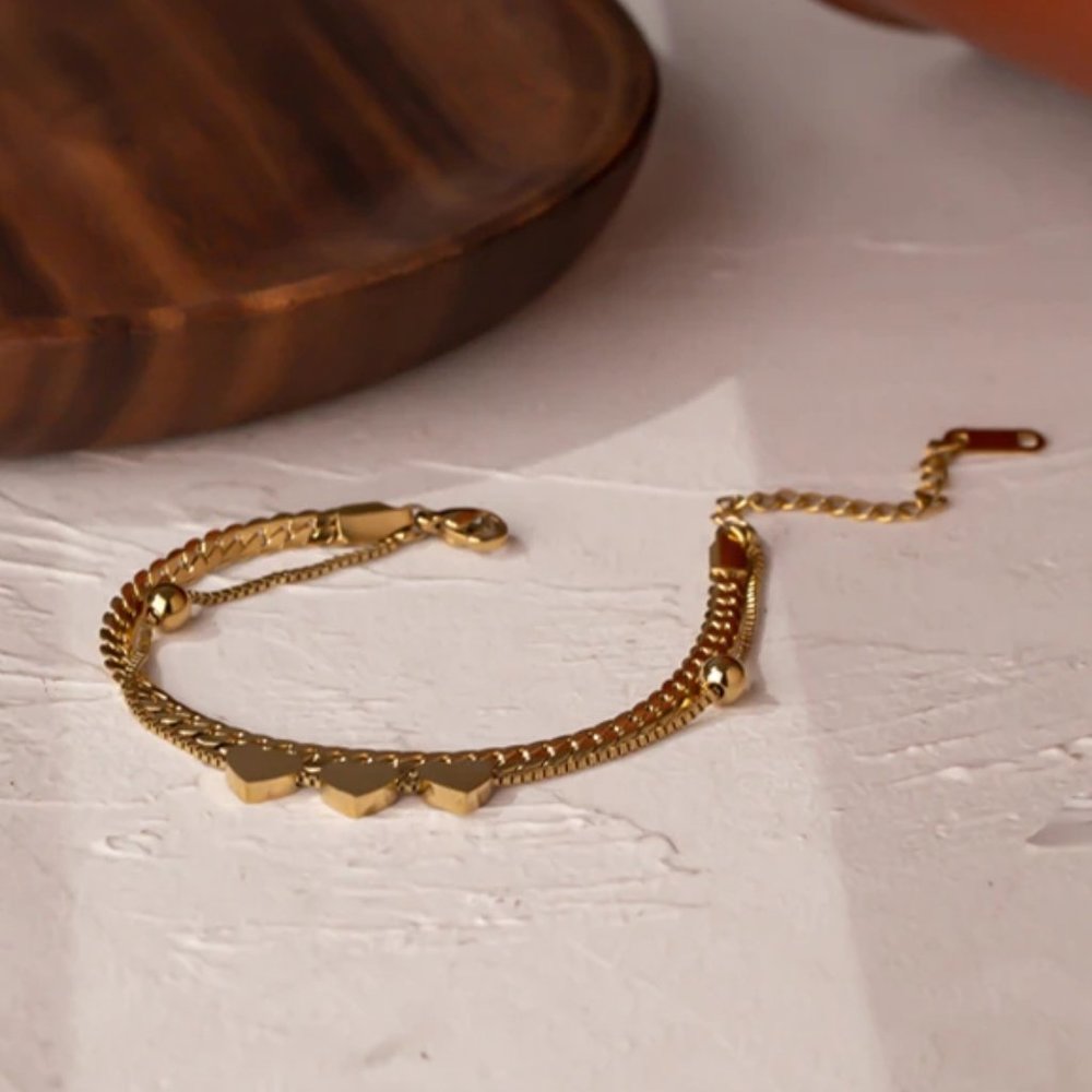 NEW 18K Gold Plated Triple Heart Double Layer Chain Bead Bracelet - Picture 2 of 5